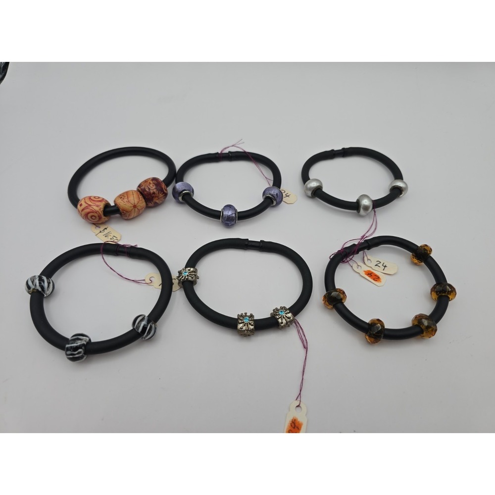 Lot Of 6 Xs Black Rubber Tube Bracelets Handmade Beads